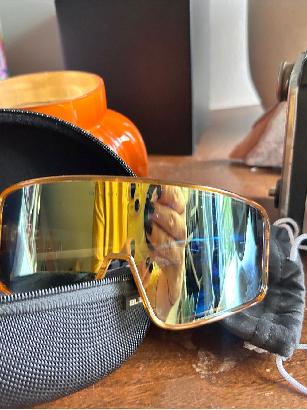 Men's Mirrored Shield Sunglasses — Gold Frame with Blue-Green Mirror